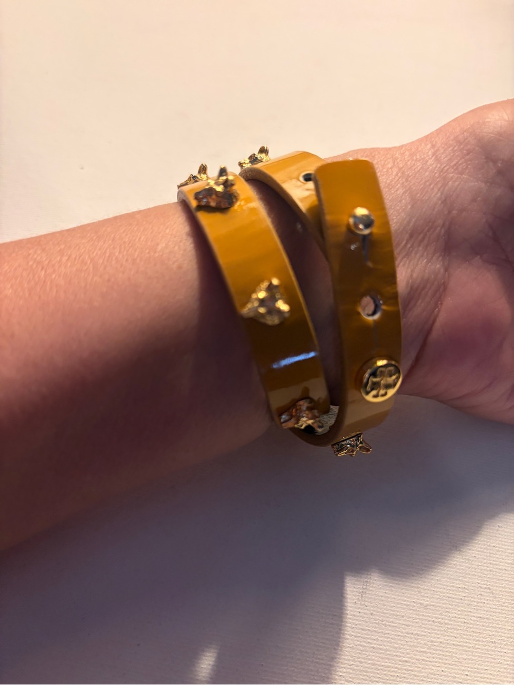 Tory Burch Mustard Patent Double-Wrap Bracelet with Gold Fox Studs